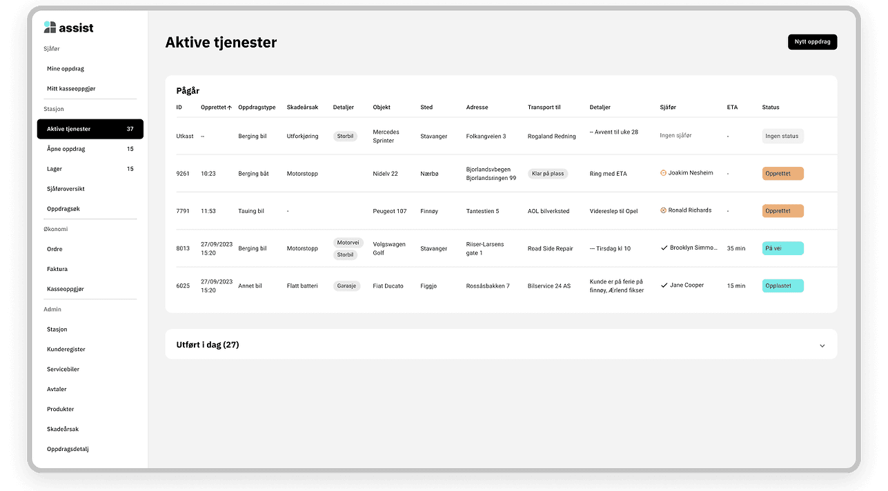Dispatch overview with active jobs in Assist